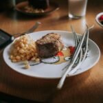 A plate of food on a wooden table